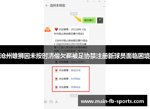 沧州雄狮因未按时清偿欠薪被足协禁注册新球员面临困境